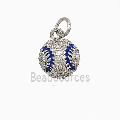 Copper Rugby Pendant Pave Zirconia Blue Enamel American Football Sports Platinum Plated
