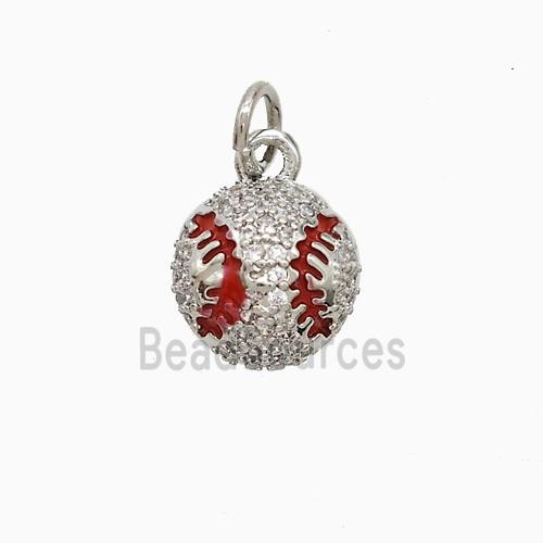 Copper Rugby Pendant Pave Zirconia Red Enamel American Football Sports Platinum Plated