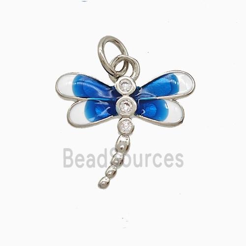 Copper Dragonfly Pendant Pave Zirconia Blue Enamel Platinum Plated