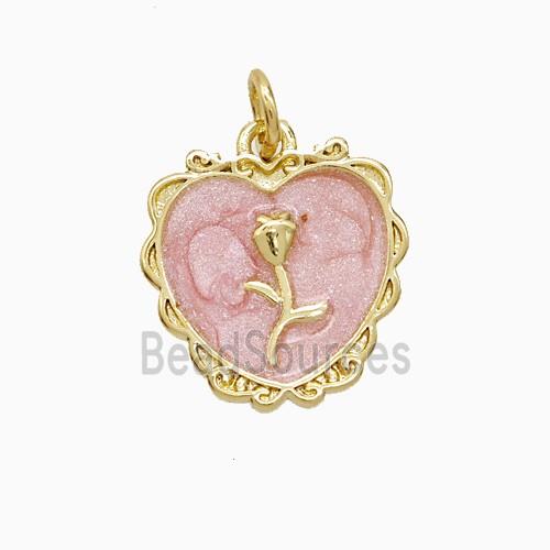 Copper Flower Heart Pendant Pink Painted Gold Plated
