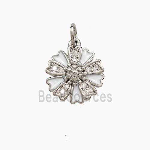 Copper Flower Pendant Pave Zirconia White Enamel Platinum Plated