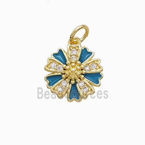 Copper Flower Pendant Pave Zirconia Blue Enamel Gold Plated