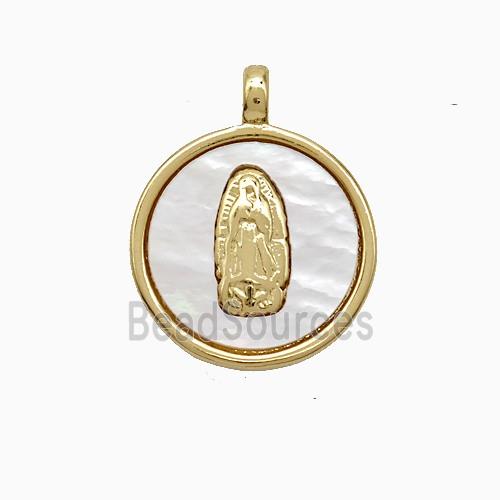 Copper Virgin Mary Pendant Pave Shell Circle Gold Plated