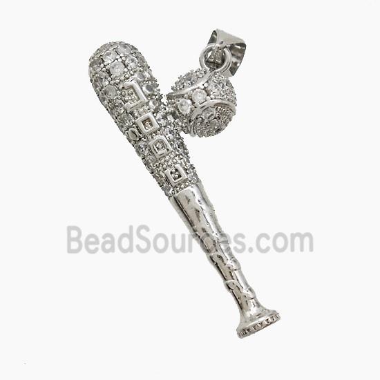 Baseball And Bat Copper Pendant Pave Zirconia Sports Platinum Plated