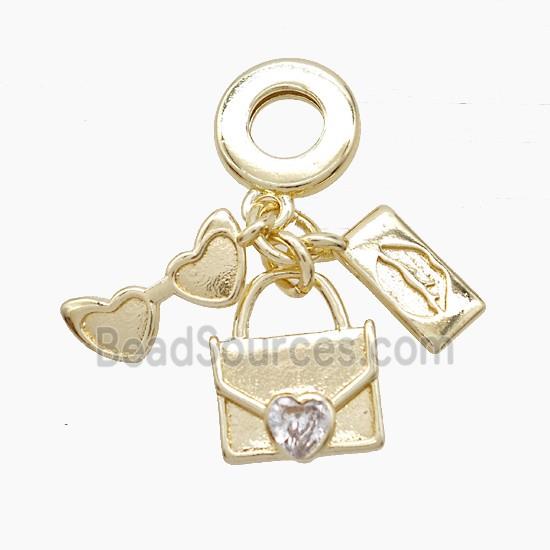Copper Glasses And Handbag Lips Pendant Pave Zirconia Gold Plated