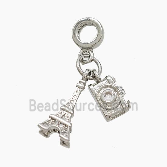 Copper Eiffel Tower And Camera Pendant Pave Zirconia Platinum Plated