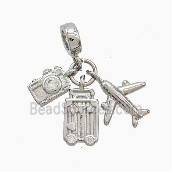 Copper Airplane And Suitcase Camera Pendant Pave Zirconia Platinum Plated