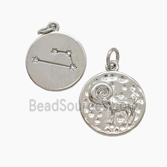 Zodiac Aries Copper Pendant Pave Zirconia Hammered Platinum Plated