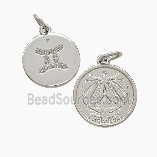 Zodiac Gemini Copper Pendant Pave Zirconia Platinum Plated