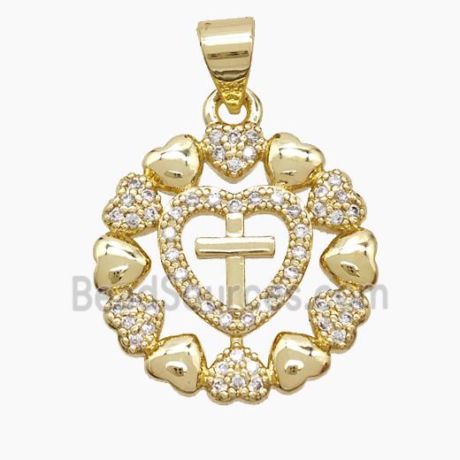 Copper Cross Heart Pendant Pave Zirconia 18K Gold Plated