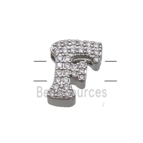 Copper Letter-F Beads Pave Zirconia 2holes Platinum Plated