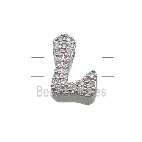 Copper Letter-L Beads Pave Zirconia 2holes Platinum Plated