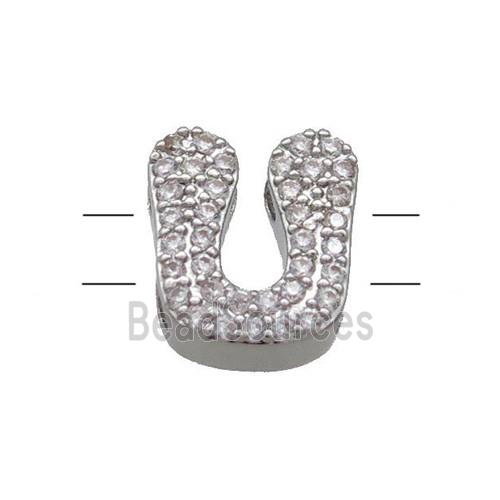 Copper Letter-U Beads Pave Zirconia 2holes Platinum Plated