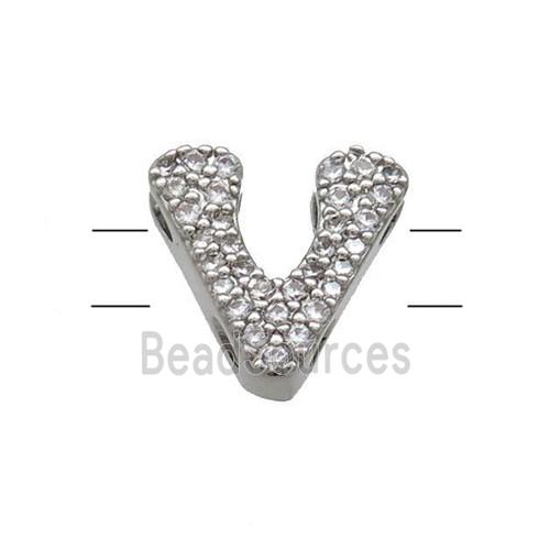 Copper Letter-V Beads Pave Zirconia 2holes Platinum Plated