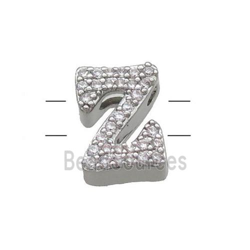 Copper Letter-Z Beads Pave Zirconia 2holes Platinum Plated