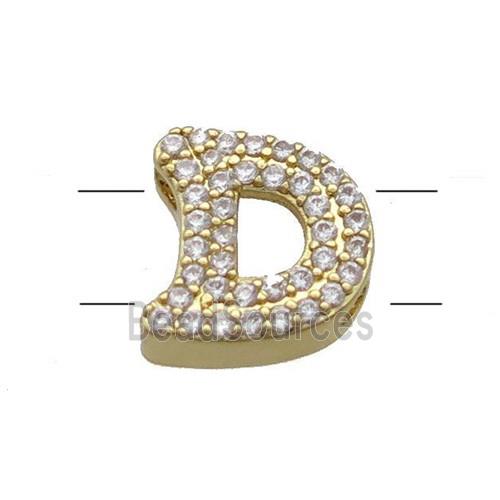 Copper Letter-D Beads Pave Zirconia 2holes Gold Plated