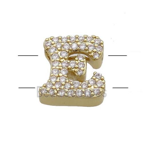 Copper Letter-E Beads Pave Zirconia 2holes Gold Plated