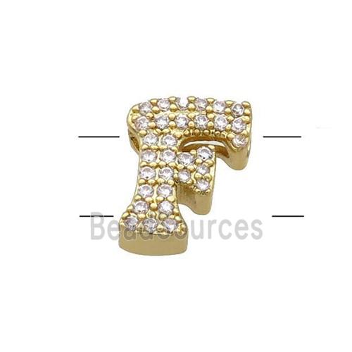Copper Letter-F Beads Pave Zirconia 2holes Gold Plated
