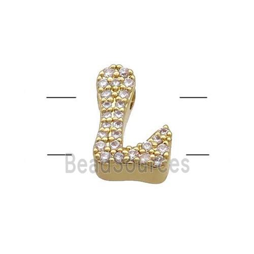 Copper Letter-L Beads Pave Zirconia 2holes Gold Plated