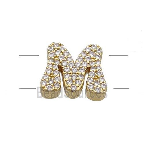 Copper Letter-M Beads Pave Zirconia 2holes Gold Plated