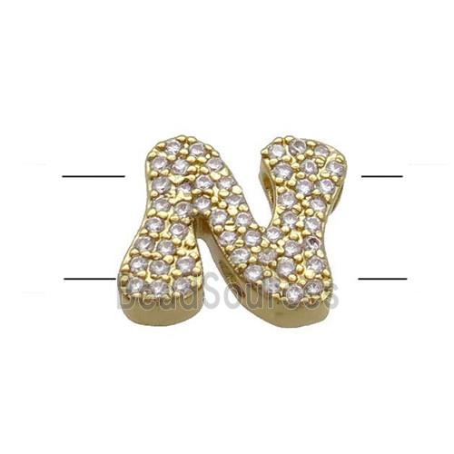 Copper Letter-N Beads Pave Zirconia 2holes Gold Plated