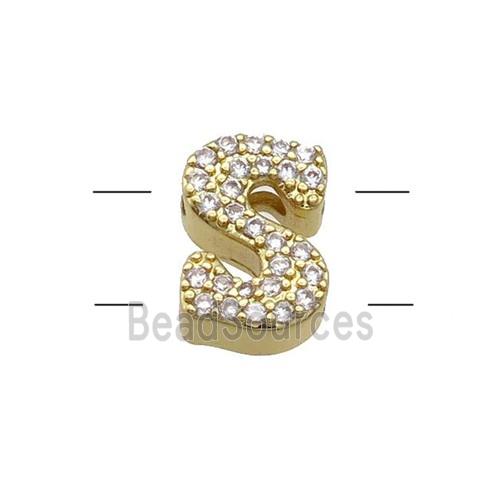 Copper Letter-S Beads Pave Zirconia 2holes Gold Plated