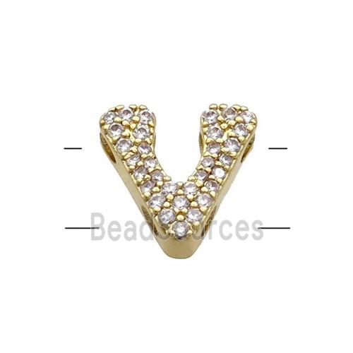Copper Letter-V Beads Pave Zirconia 2holes Gold Plated