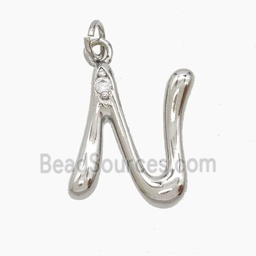 Copper Letter-N Pendant Pave Zirconia Platinum Plated