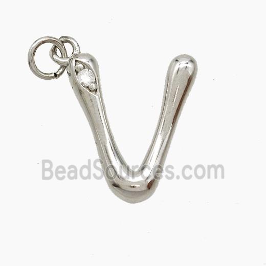 Copper Letter-V Pendant Pave Zirconia Platinum Plated