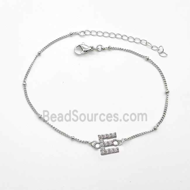 Copper Bracelet With Letter-E Pave Zirconia Platinum Plated