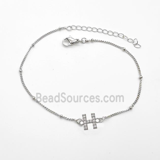 Copper Bracelet With Letter-H Pave Zirconia Platinum Plated