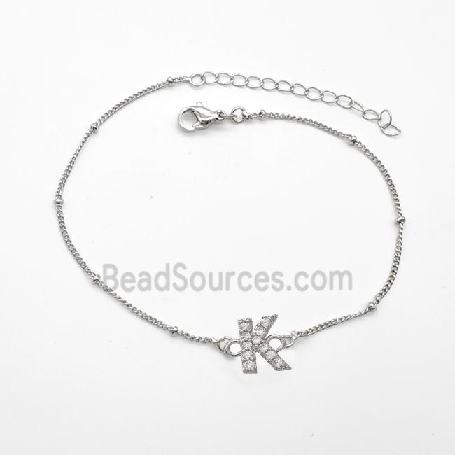 Copper Bracelet With Letter-K Pave Zirconia Platinum Plated