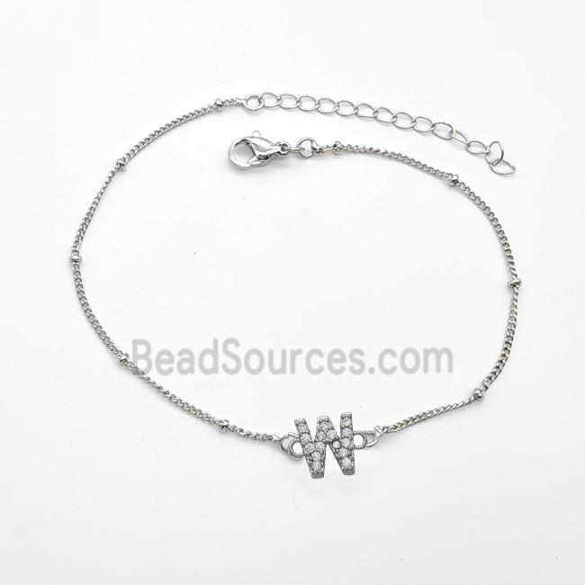 Copper Bracelet With Letter-W Pave Zirconia Platinum Plated