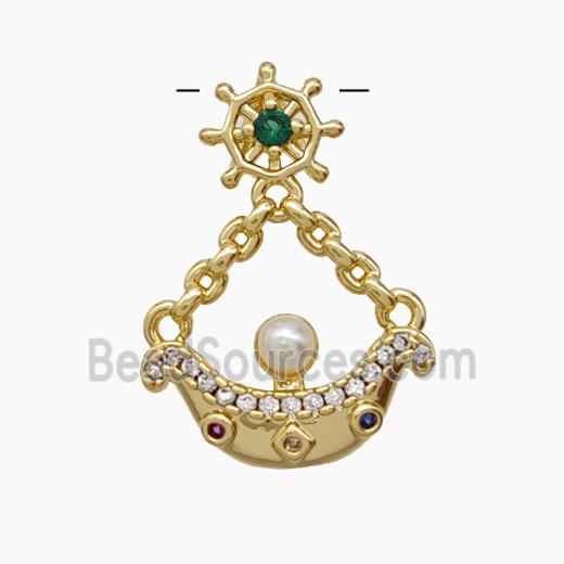 Copper Ship And Wheel Pendant Pave Zirconia Resin Gold Plated