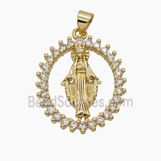 Copper Virgin Mary Pendant Pave Zirconia 18K Gold Plated