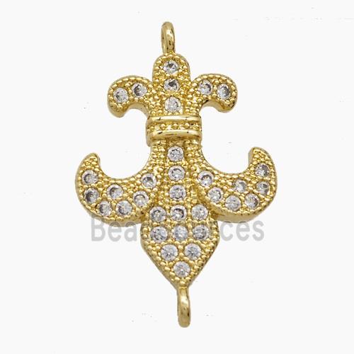 Copper Flower Connector Pave Zirconia Fleur De Lis 18K Gold Plated