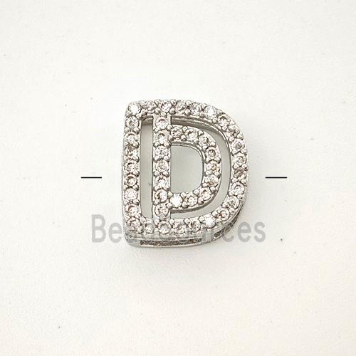 Copper Letter-D Beads Pave Zirconia Platinum Plated