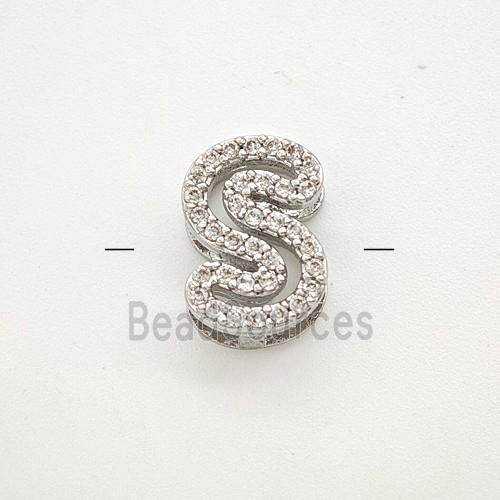 Copper Letter-S Beads Pave Zirconia Platinum Plated