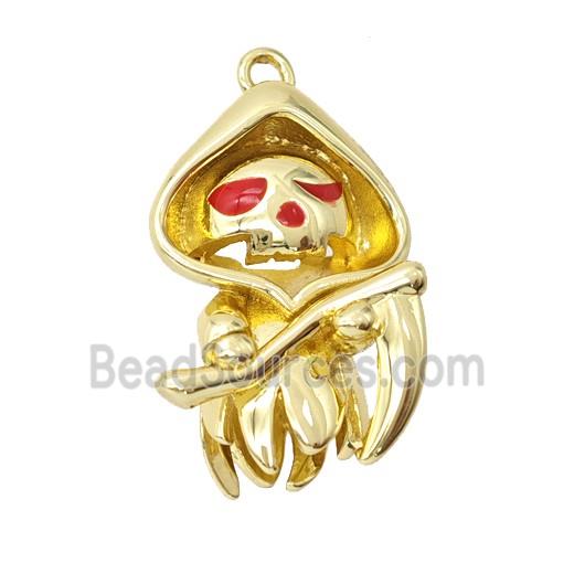 Halloween Gothic Grim Reaper Death Charms Copper Pendant Red Enamel Gold Plated