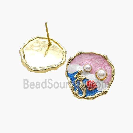 Copper Mermaid Stud Earrings Pave Resin Enamel Gold Plated