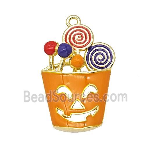 Halloween Monster Bucket Charms Copper Pendant Lollipop Orange Enamel Gold Plated