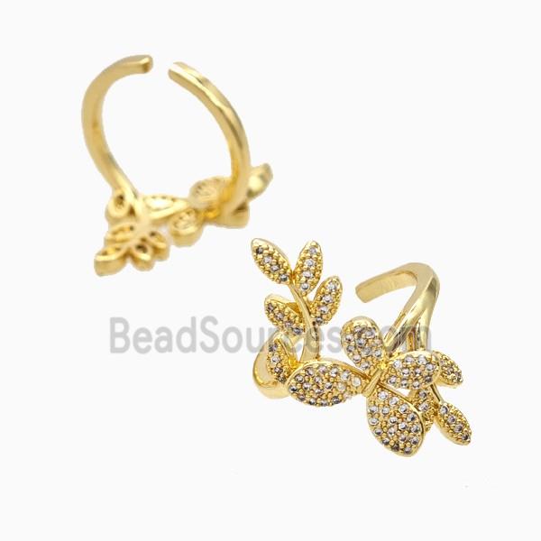 Copper Butterfly Leaf Rings Pave Zirconia 18K Gold Plated