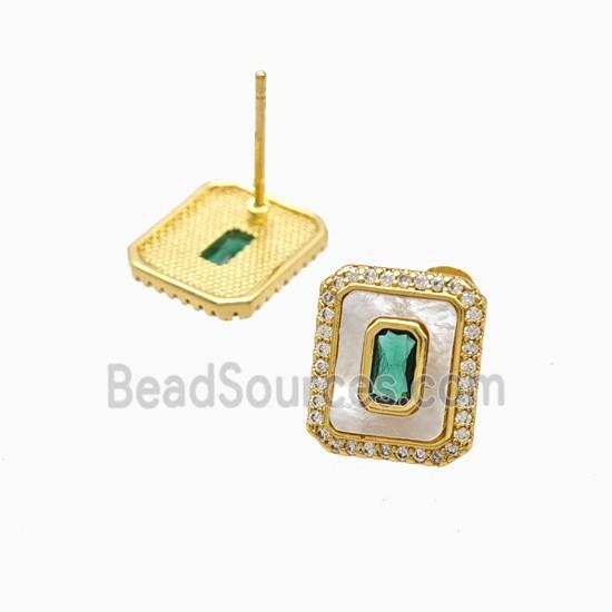 Copper Rectangle Stud Earrings Pave Zirconia Shell 18K Gold Plated