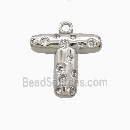 Copper Letter-T Pendant Pave Zirconia Platinum Plated