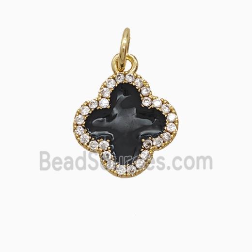 Copper Clover Pendant Pave Zirconia Black Enamel Gold Plated