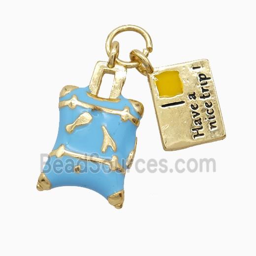 Travel Luggage And Postal Card Charms Copper Pendant Blue Enamel Gold Plated