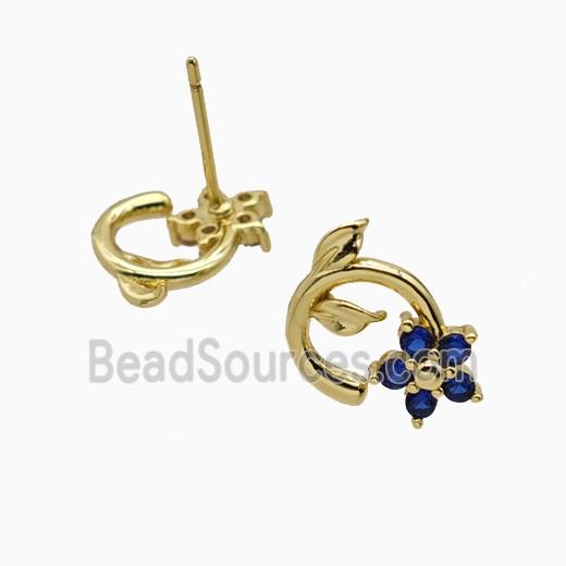 Copper Earring Studs Pave Zircon, Gold Plated