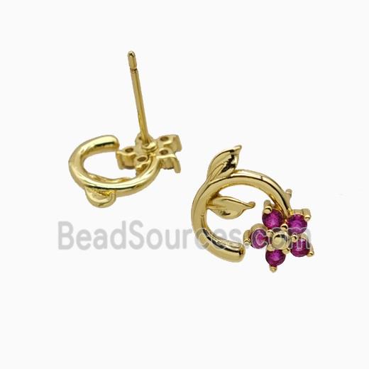 Copper Earring Studs Pave Zircon, Gold Plated