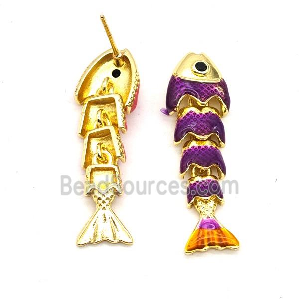 Copper Fish Stud Earrings Purple Enamel Gold Plated