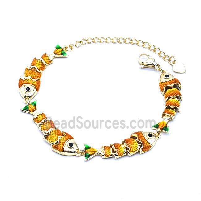 Copper Fish Bracelet Orange Enamel Gold Plated